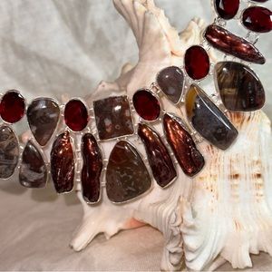 Sale - Stick Agate + Biwa Pearl + Garnet statement cluster necklace